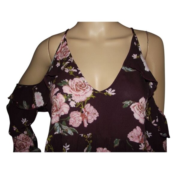 American Eagle Blouse Small Burgundy Wine Pink Floral off cold shoulder v-neck - Picture 7 of 14